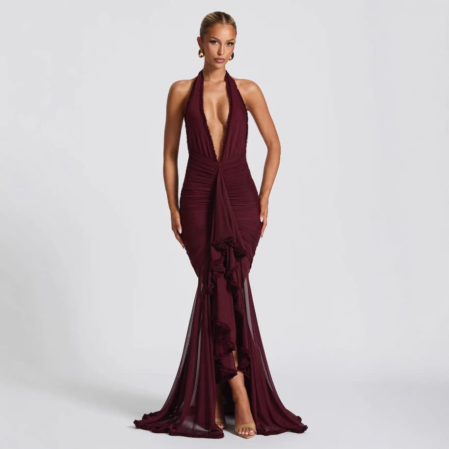 Women's Clothing Sexy Slim Long Skirt Dress Elegant Slim Fit Solid Color Maxi Dress With Lace Detailing - Strapless High Waist Long Dress For Women