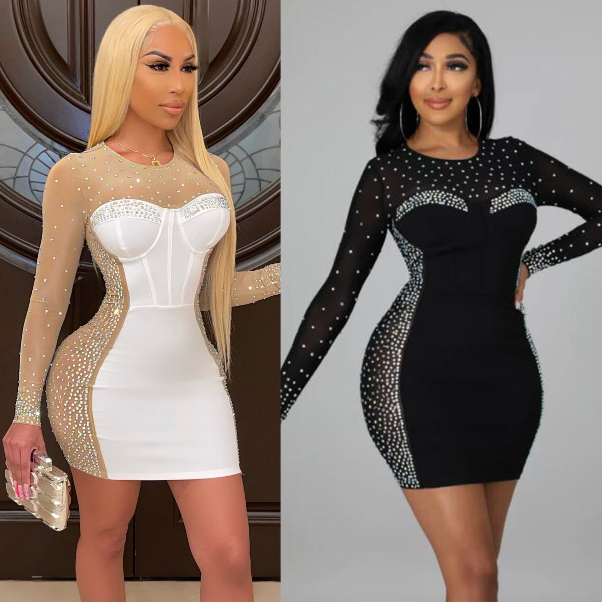 ​​Elegant Rhinestone Sheer Bodycon Dress - High Waist Long Sleeve Evening Dress For Women, Sexy Slim Fit Party Dress (White & Black)​​