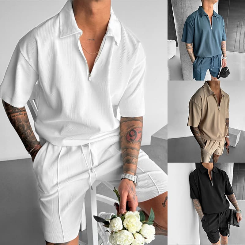 Men's Clothing Zipper Polo Casual Short sleeved Drawstring Shorts Men's Suit