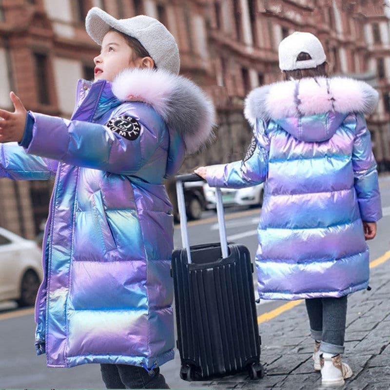 ​​"Korean-Style Winter Padded Jacket For Girls – Shiny Cotton-Insulated Coat (120-170cm) – Purple/Pink"​​