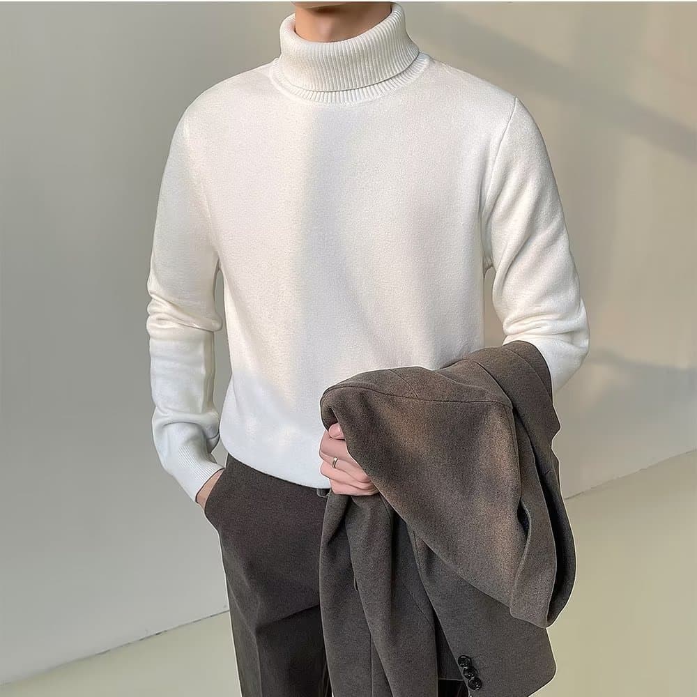Men's Clothing Slim Fit High Neck Sweater - Soft Knit Pullover For Autumn & Winter - Lightweight Warm Casual Turtleneck Top (White, Black, Beige)