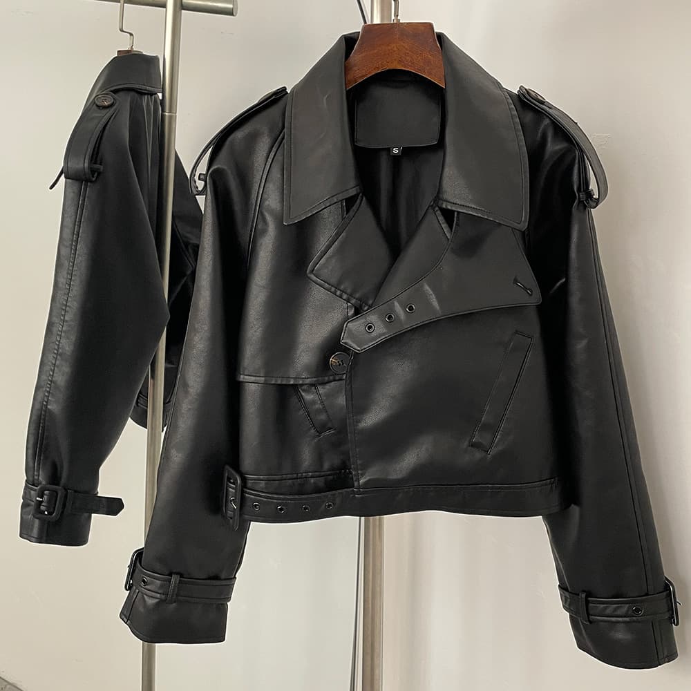 Women's Leather Jacket - Trendy Biker Style Coat With Zipper & Pockets, Loose Fit, Black & Burgundy, XS/S/M/L