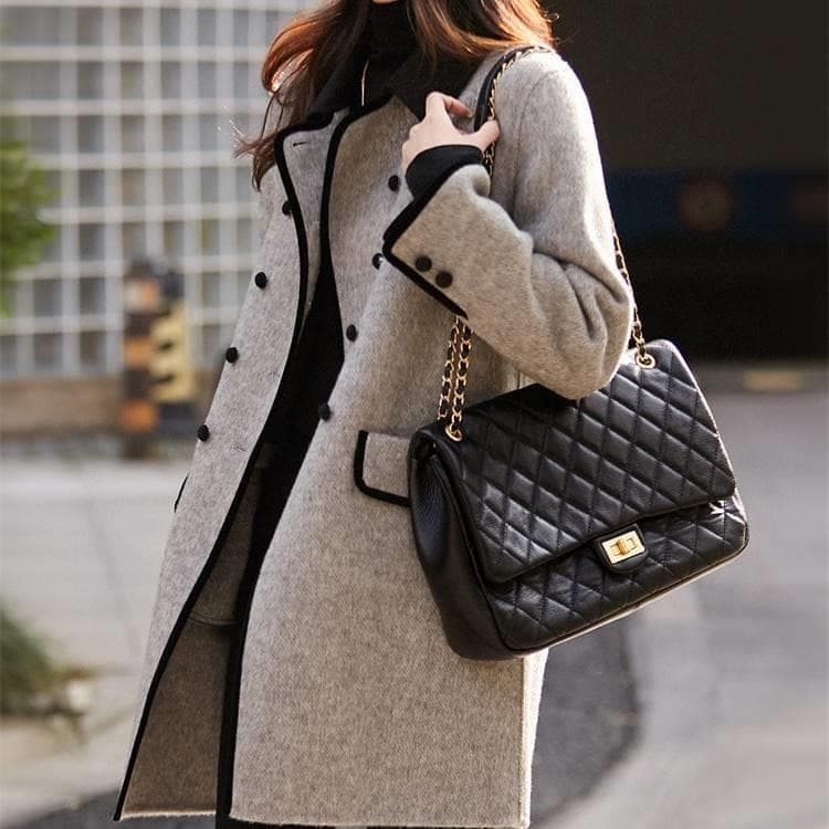 Women's Clothing 2024 autumn and winter retro new fashion double breasted casual medium length temperament contrast color small lapel woolen coat