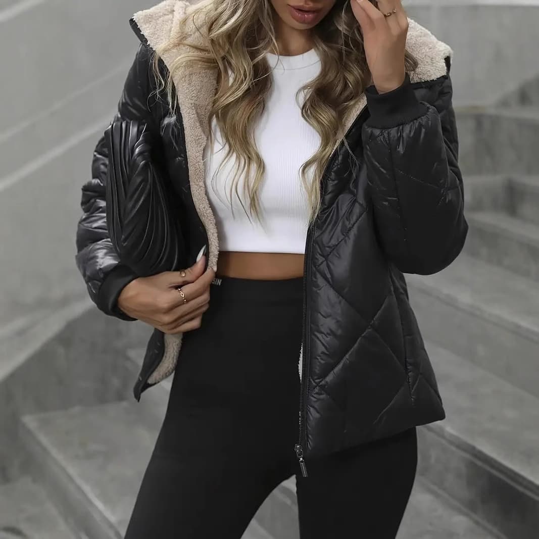 ​Women's Quilted Puffer Jacket With Diamond Stitch Design, Short-Length Loose Fit Casual Coat, Lightweight Polyester Outerwear For Fall & Winter​
