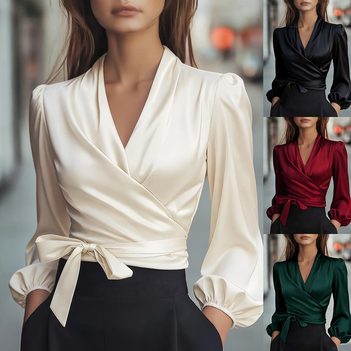 Elegant V-Neck Satin Blouse With Bubble Sleeves & Tie Detail - Soft Drapey Fabric, Wrap Neckline, Work-to-Wear Style (S/M/L/XL/2XL)​