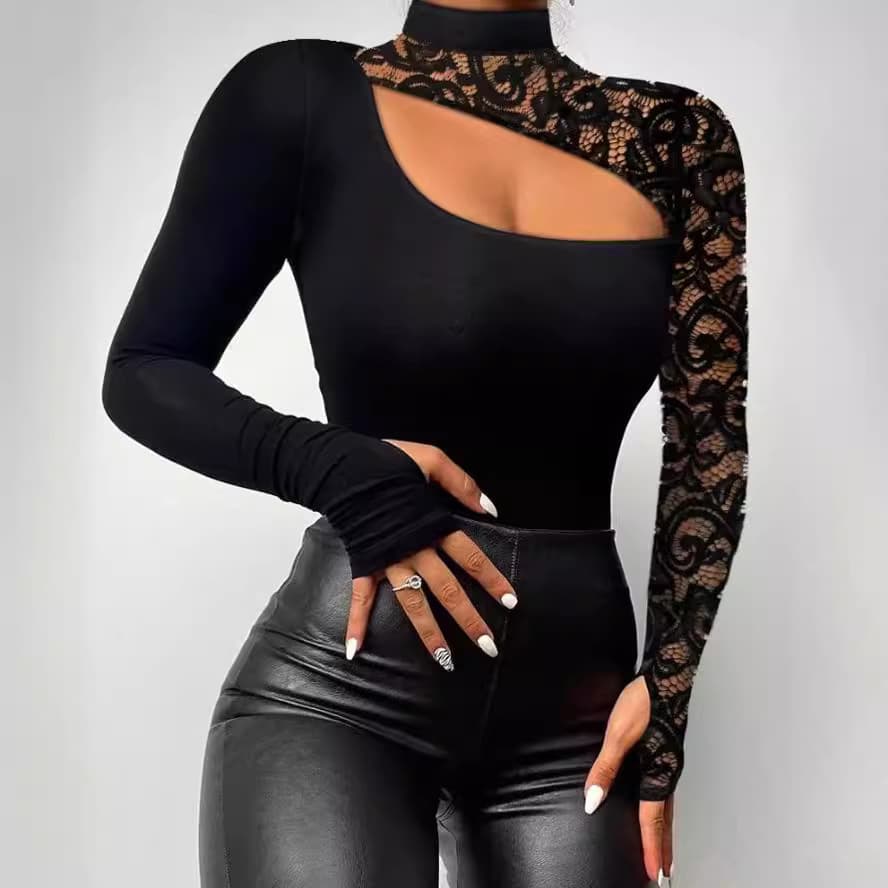 Women’s Clothing Spring and Autumn Off Shoulder Lace Irregular Long Sleeve T Shirt High Neck Women's Sexy T Shirt