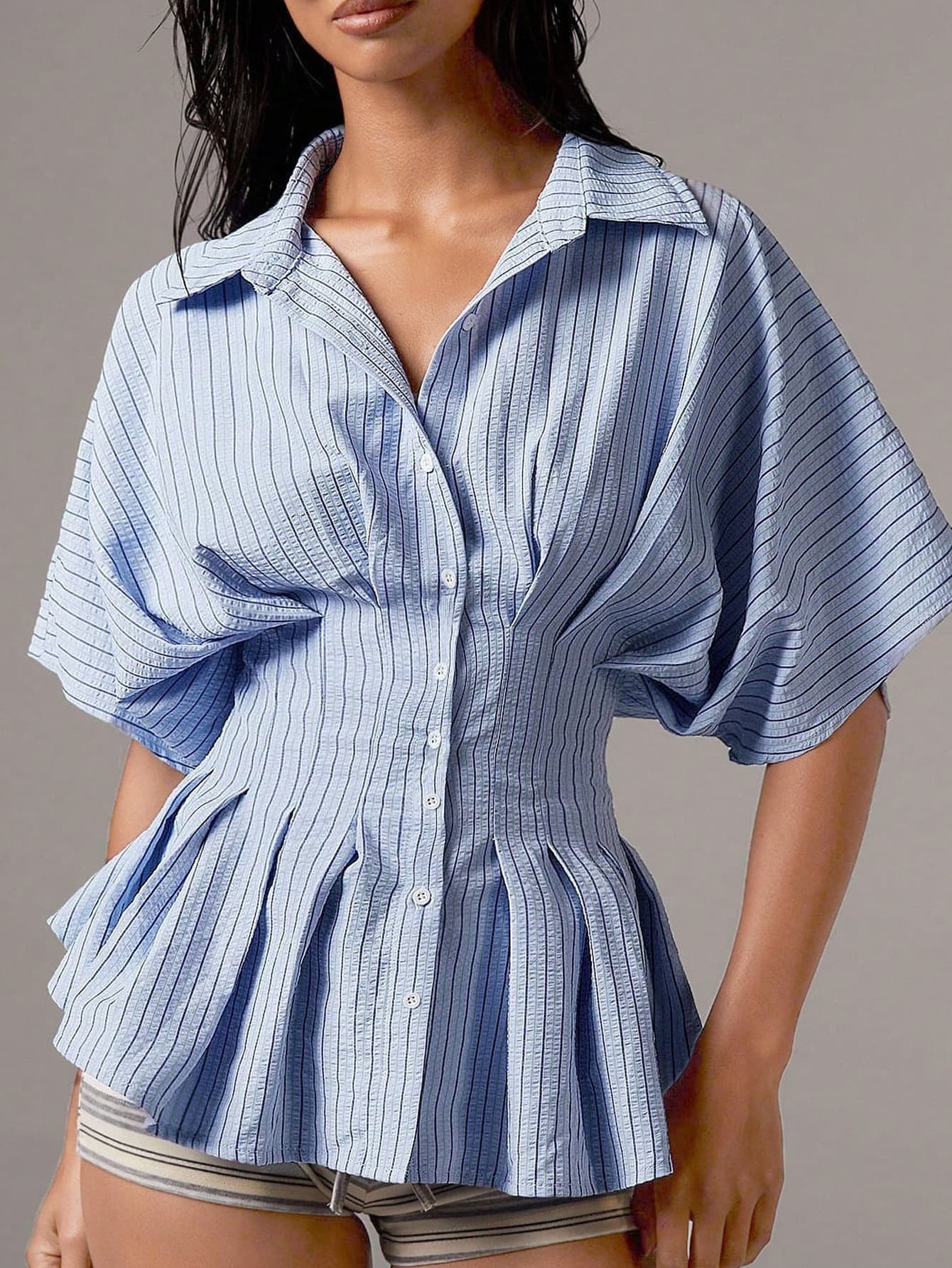 K New Waist Cinching Shirt Casual Versatile Striped Pleated Waist Cinching Slimming Versatile Top