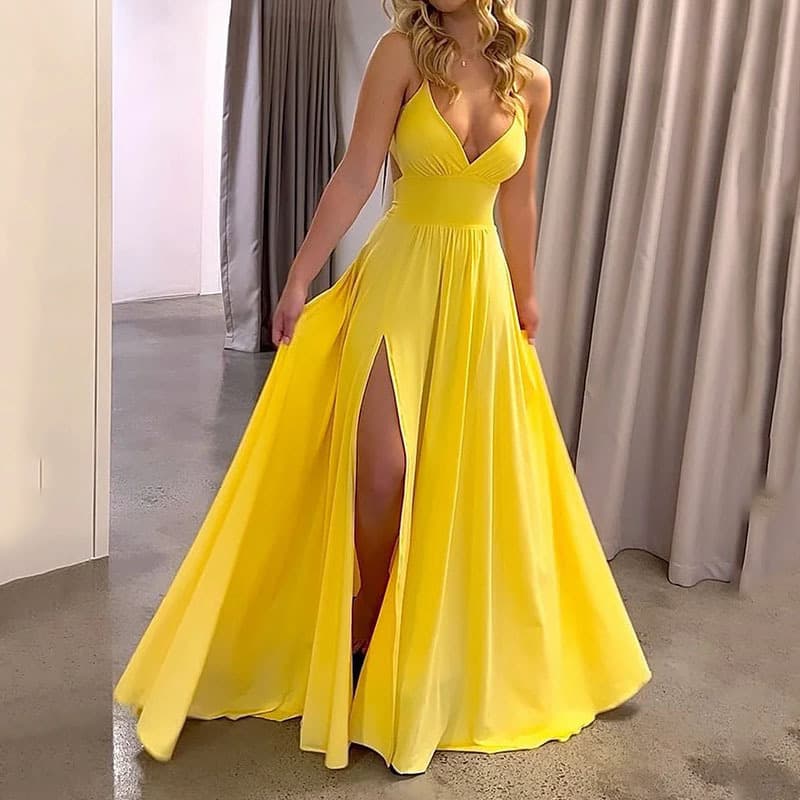 Women's Clothing Summer Suspender V Neck Leaky Back Lace Up Slit Long Dress