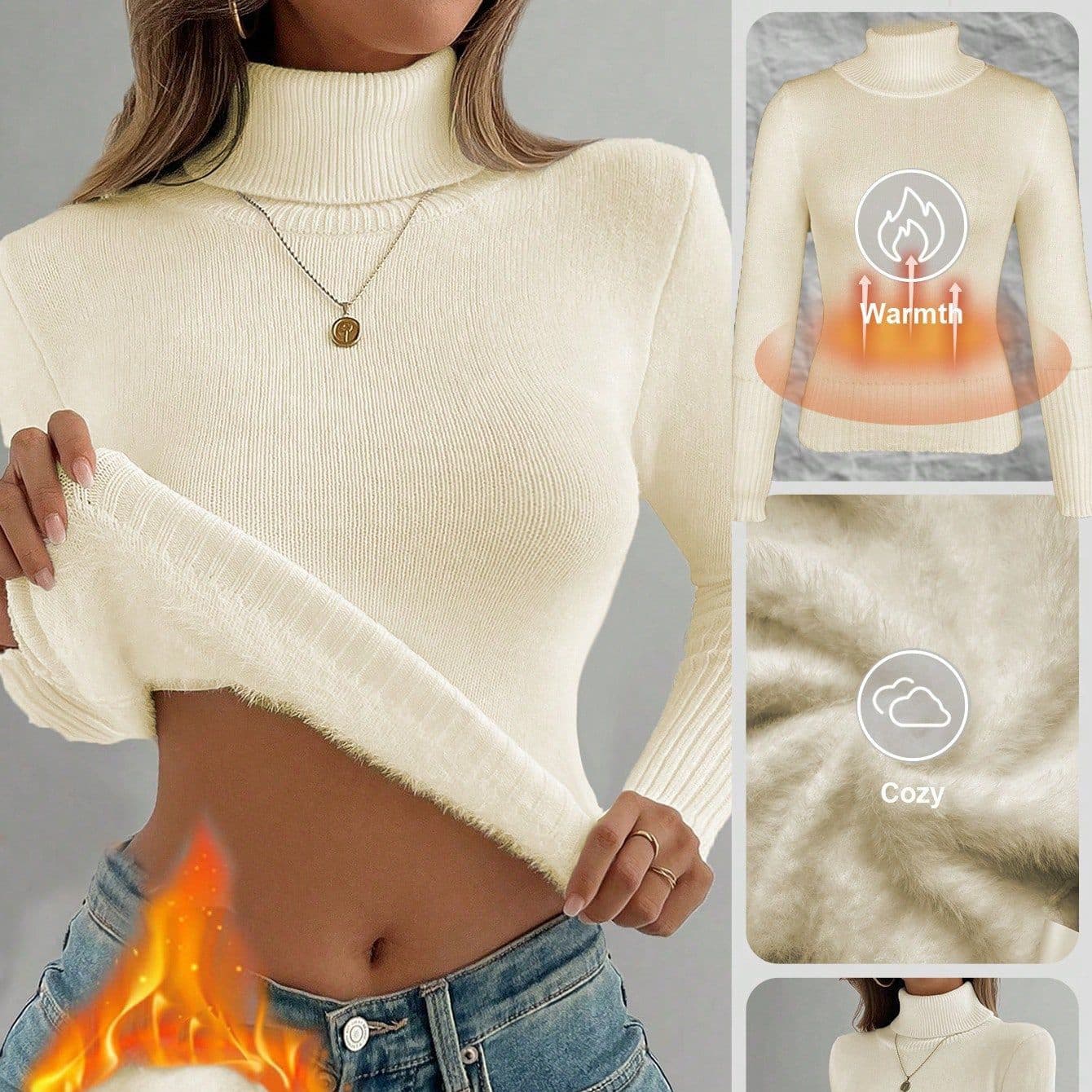 High Neck Knit Sweater Women's Long Sleeve Turtleneck Pullover Winter Warm Fleece Lined Slim Fit Casual Elegant Tops