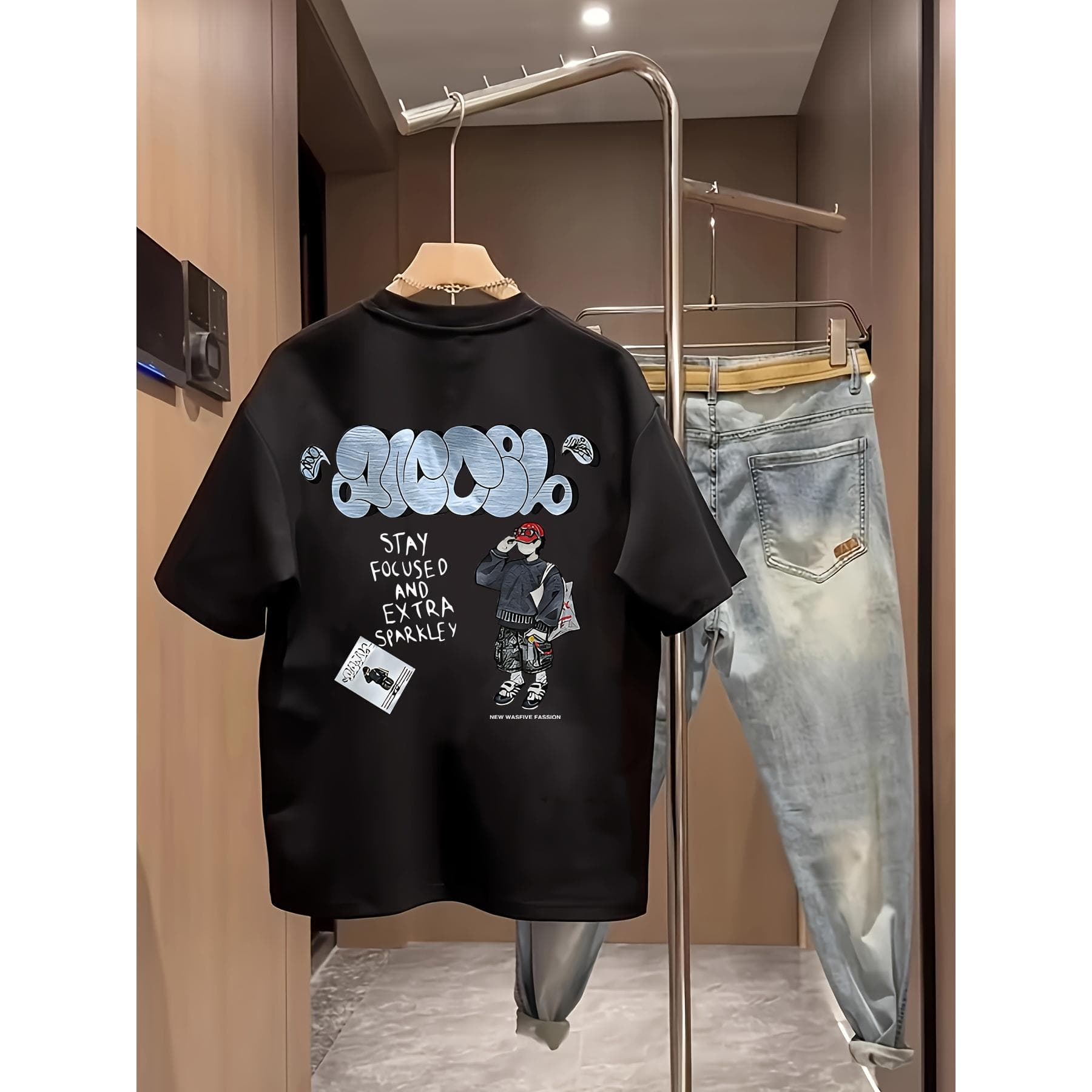 (Armonia) 180gsm COTTONHerren Street Fashion T-Shirt, Cartoon-Charakter-Buchstaben-Druck Auf Der Rückseite, Lockeres Und Lässiges Kurzarm-Oberteil