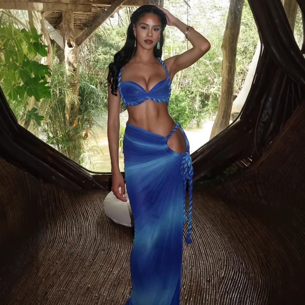 Sexy Beach Cover-Up Set - Crochet Bralette & High Slit Skirt, Boho Swimwear Cover Up For Women, Vacation Outfit In Blue/Peach/Pink