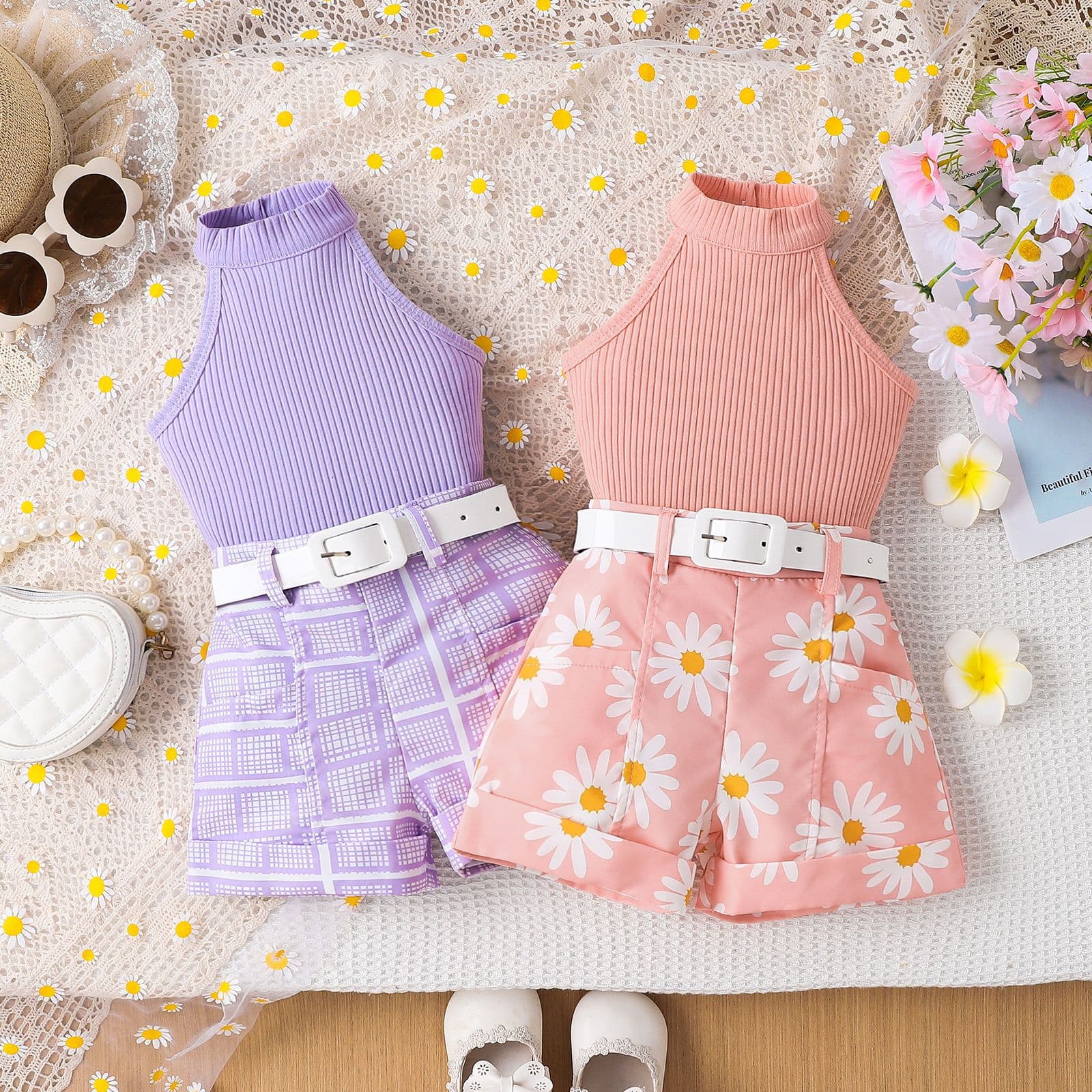 Kid's Clothing New Summer Girls Suits Small And Medium Children's Solid Color Halter Neck Top + Printed Shorts + Belt