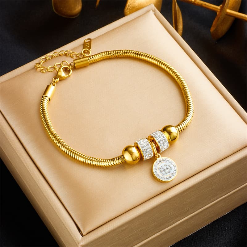 Fashion Niche Personality Metal Titanium Steel Inlaid Diamond Beaded Round Pendant Accessory Bracelet