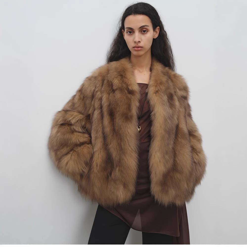 Elegant V-Neck Faux Fur Short Coat For Women - Winter Fashion Outerwear With Luxe Faux Fox Fur, Deep Brown, S/M/L