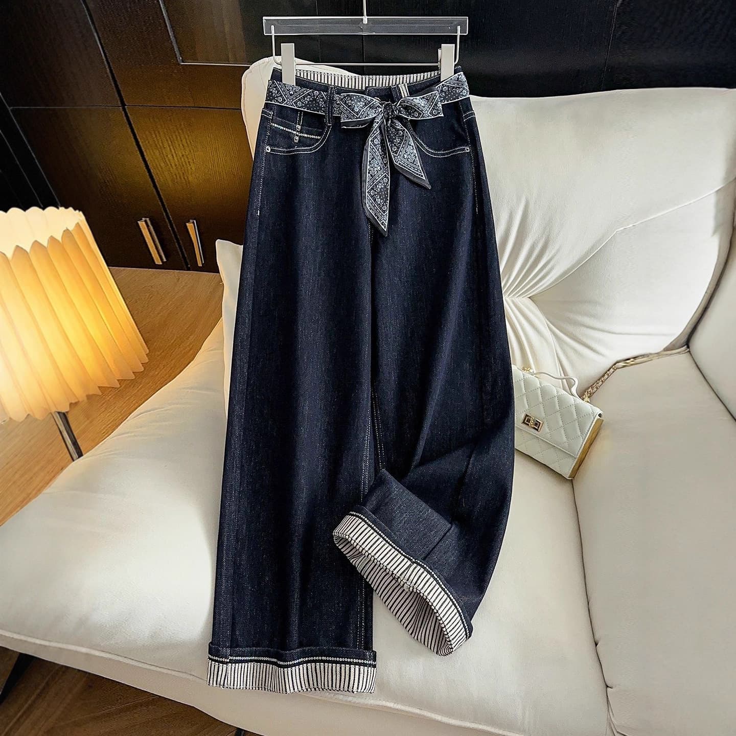 Denim Blue Roll-Up Hem Straight Leg Jeans – High-Waisted Slim Fit Wide-Leg Pants For Women | Casual & Comfortable​