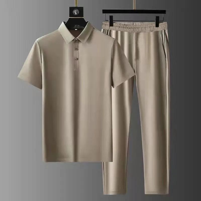 Polo Collar Stretch Ultra-thin Quick-dry Ice Silk Short Sleeve Two-piece High-end Men's Lapel Set