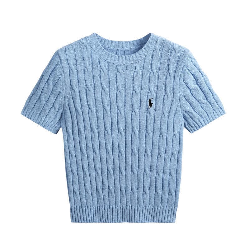 Pull en maille à manches courtes pour femme, style britannique, broderie poney, tresses, style rétro, sous-vêtement polyvalent pour le printemps e