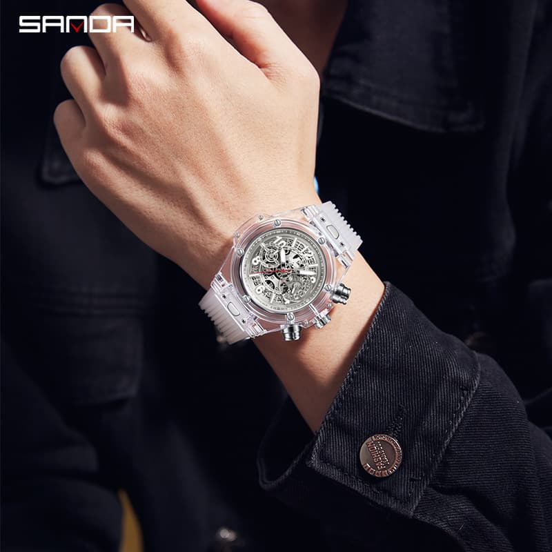 Men's Sporty Transparent Case Quartz Watch With Luminous Hands And Date Function Waterproof Casual Wristwatch Waterproof Quartz Watch