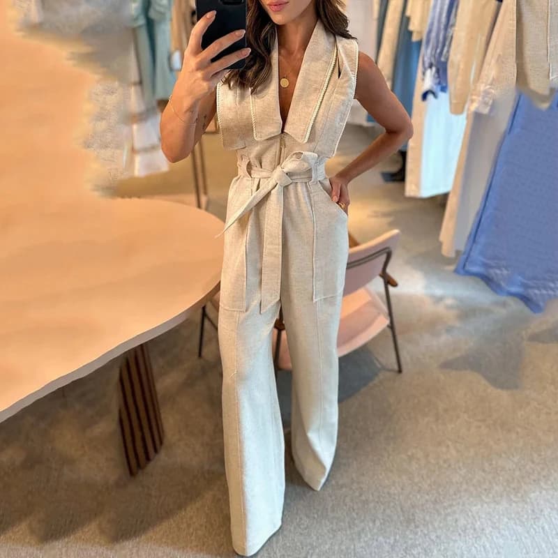 women's new summer fashion polo collar waist solid color wide leg jumpsuit for women
