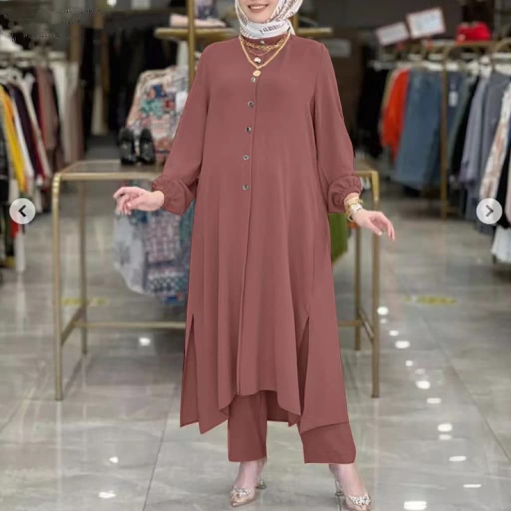 Women's Middle Eastern comfortable solid color slit mushroom button elastic sleeves Muslim women's suit