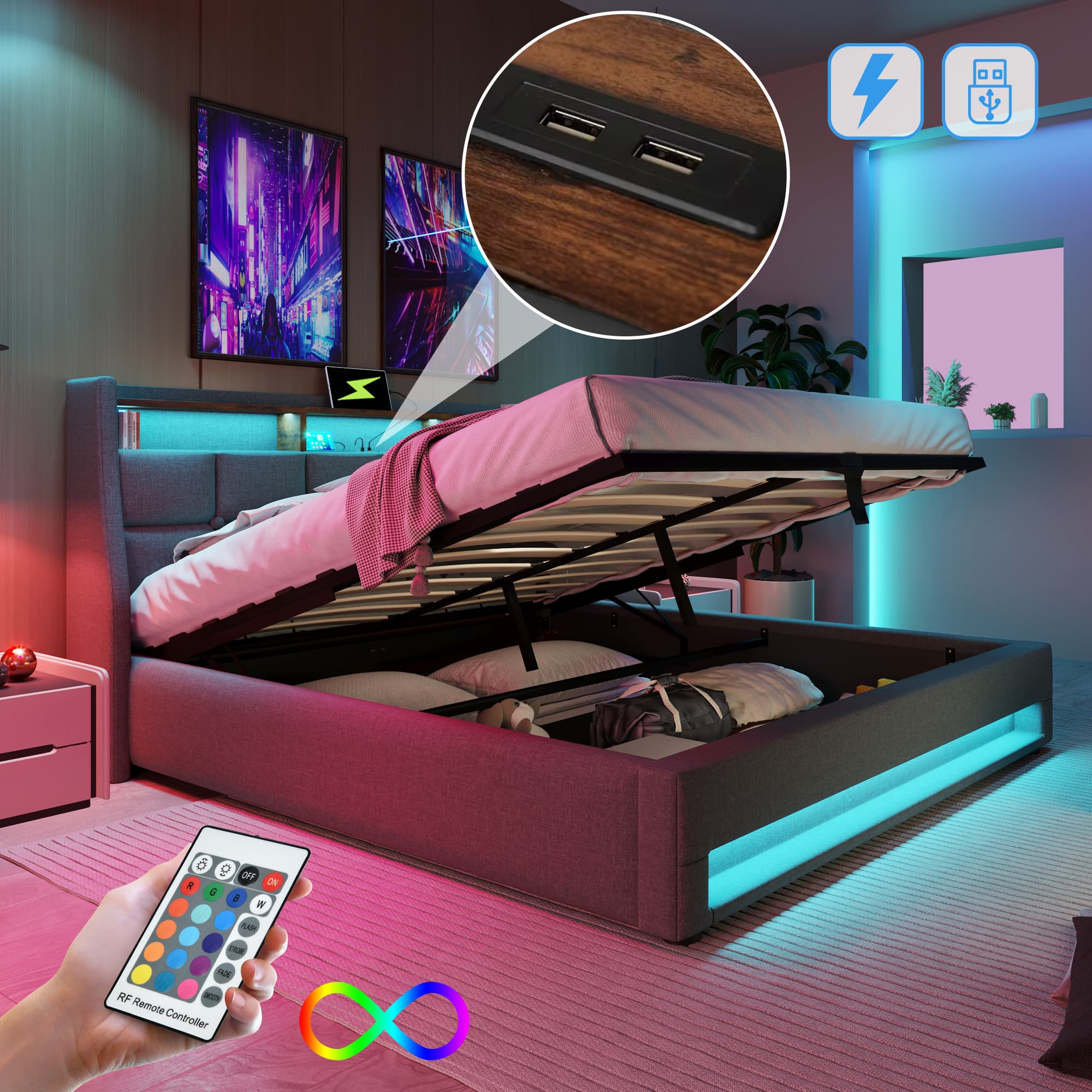 Polsterbed with USB and LED Lights 180x200 cm, Double Bed Frame with Metal Slatted Base, Linen Fabric Upholstered Bed for Youth (Mattress Not Included)