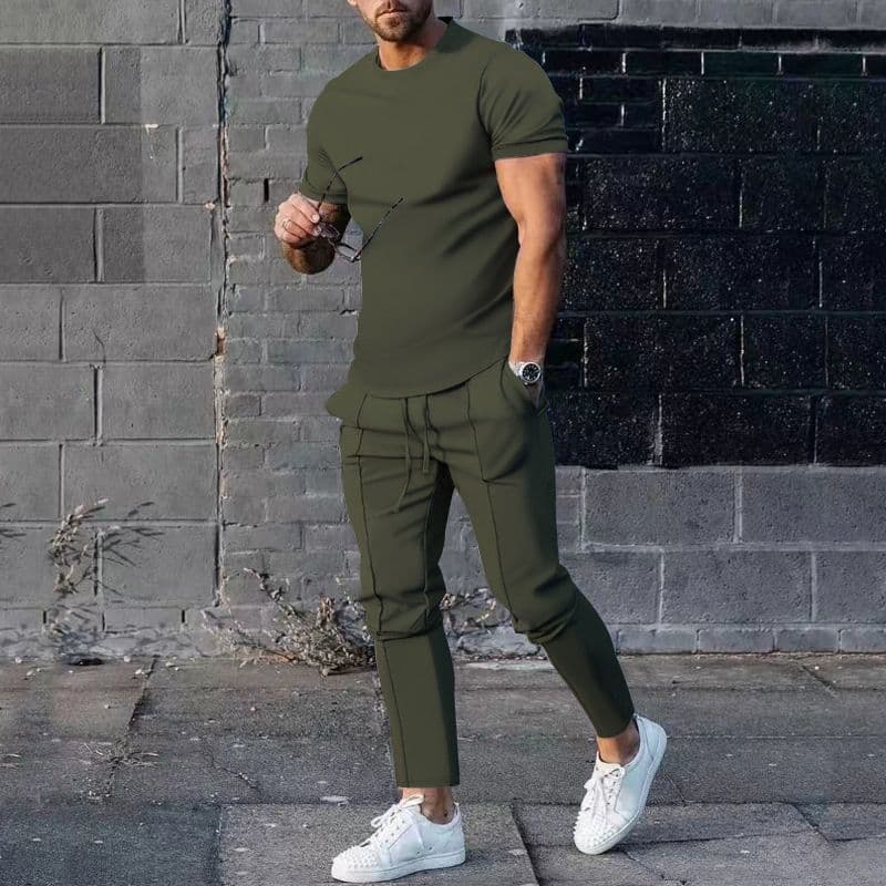 Men's Solid Color Casual Round Neck Short Sleeve Sports T Two-piece Suit
