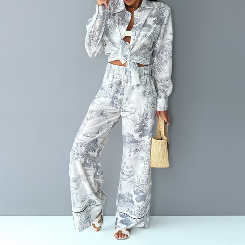 Women's Clothing New Casual Printed Lace Up Shirt Trousers Fashion Spring Suit