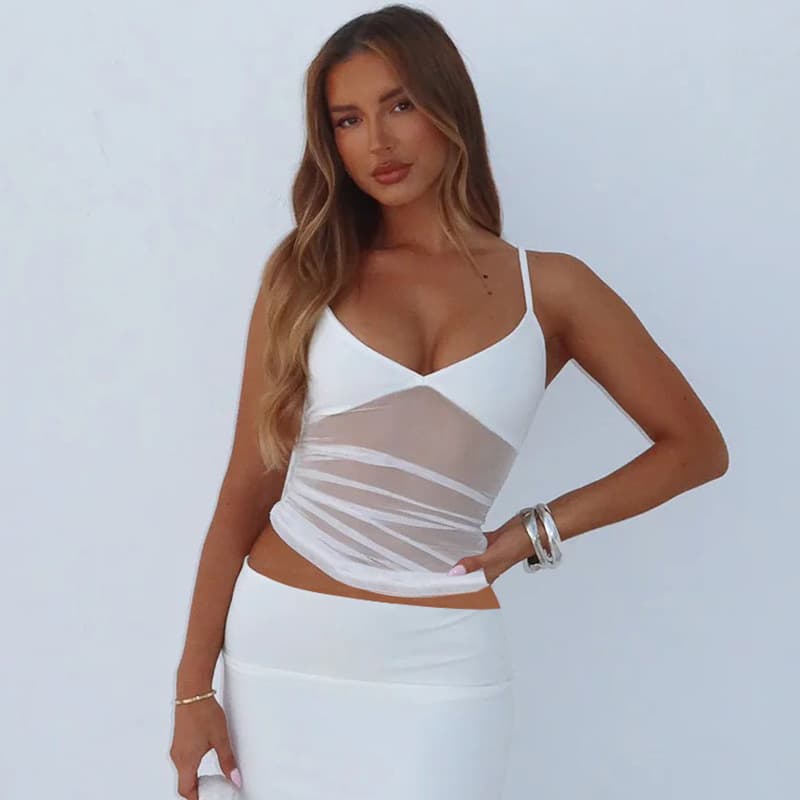 Women's 2025 Spring Summer New Fashion Sexy Mesh Patchwork Slim Backless Camisole Wholesale