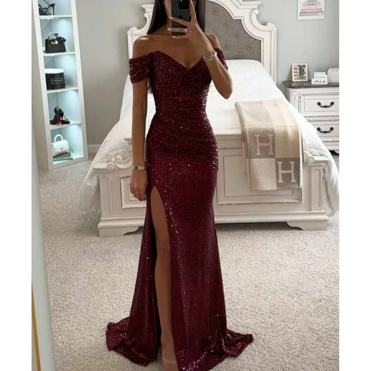 Women's clothing new party sequined one-line collar slit dress INS casual fashion dress for women