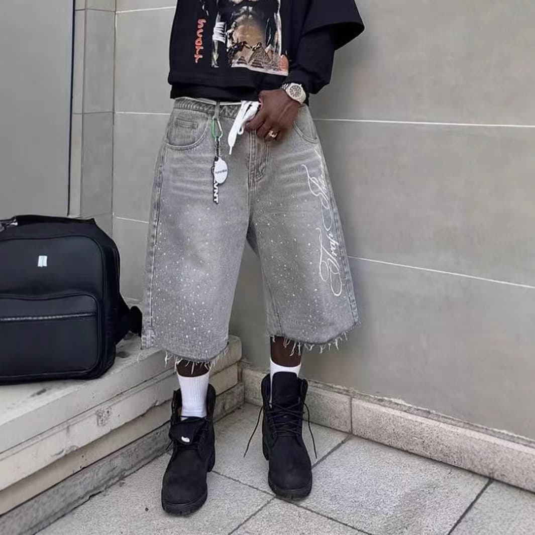 American Retro Washed High Street Denim Shorts Unisex Straight Wide Leg Distressed Loose Casual Versatile Capri Pants