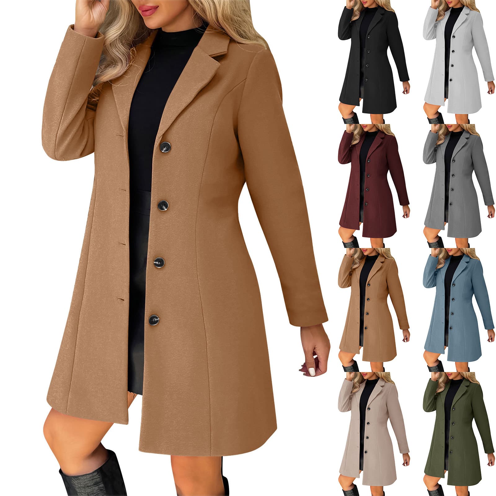 ​​Elegant Long Wool Coat For Women - Slim Fit Notch Lapel Overcoat In Solid Colors (Grey, Black, Wine, Army Green, Khaki, Navy)​​