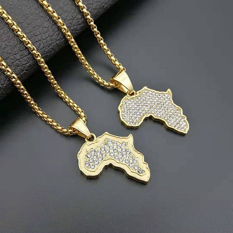 Popular hip hop jewelry sold outside Titanium steel gold plated diamond African map pendant with optional size