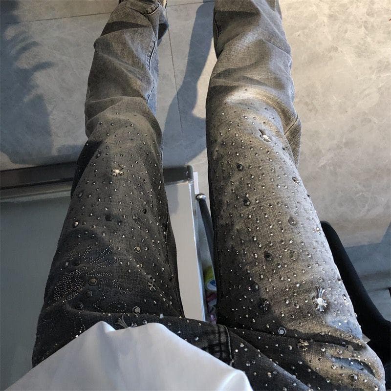 Men's Clothing 2024 Summer High Street Hot Diamond Cross Heavy Rivet Gray Stretch Slim Fit Skinny Jeans for Men and Women