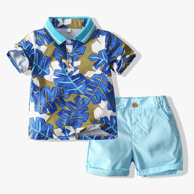 Mother & Kids manufacturers foreign trade children's clothing 2024 summer new boys tropical leaf print polo shirt casual pants suit