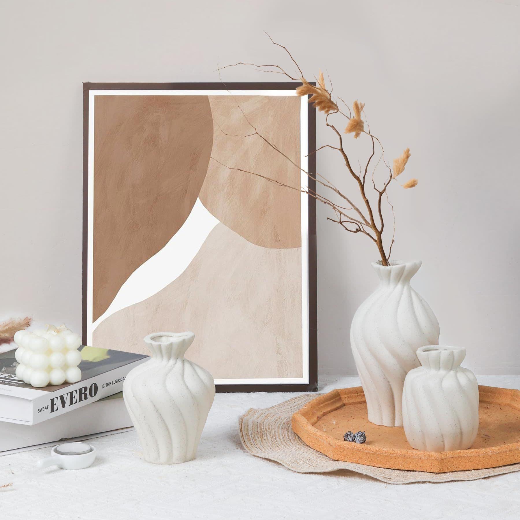 Modern Minimalist Ceramic Vase Set – 3-Piece Water Ripple Vases For Fresh/Dried Flowers In White & Black