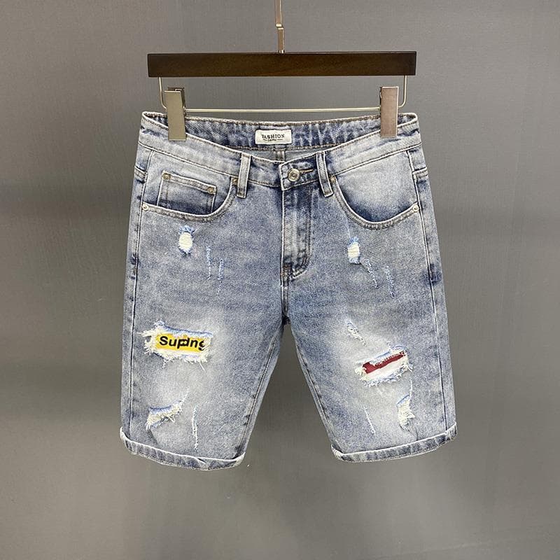 Men's Clothing Summer Fashion Denim 5 Point Shorts Ins Style Fashion Straight Tube Ripped Shorts