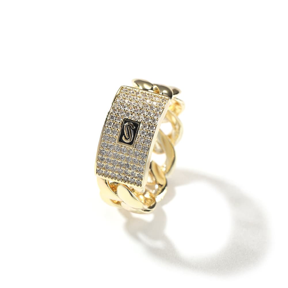 Men's Jewelry High End Personality Fashion Geometric Zircon Ring 14K Gold Full Diamond Cuban Chain Design Sense Ring Trend