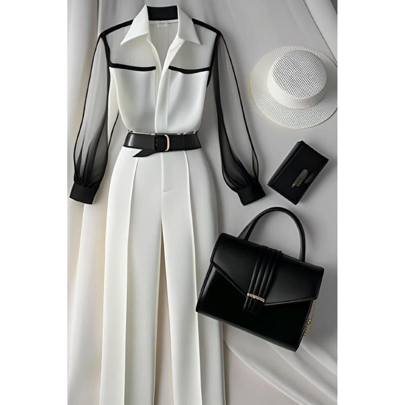 Women's Clothing Fashionable Long Sleeve Top & High-Waist Pants Set - Trendy Two-Piece Outfit For Women