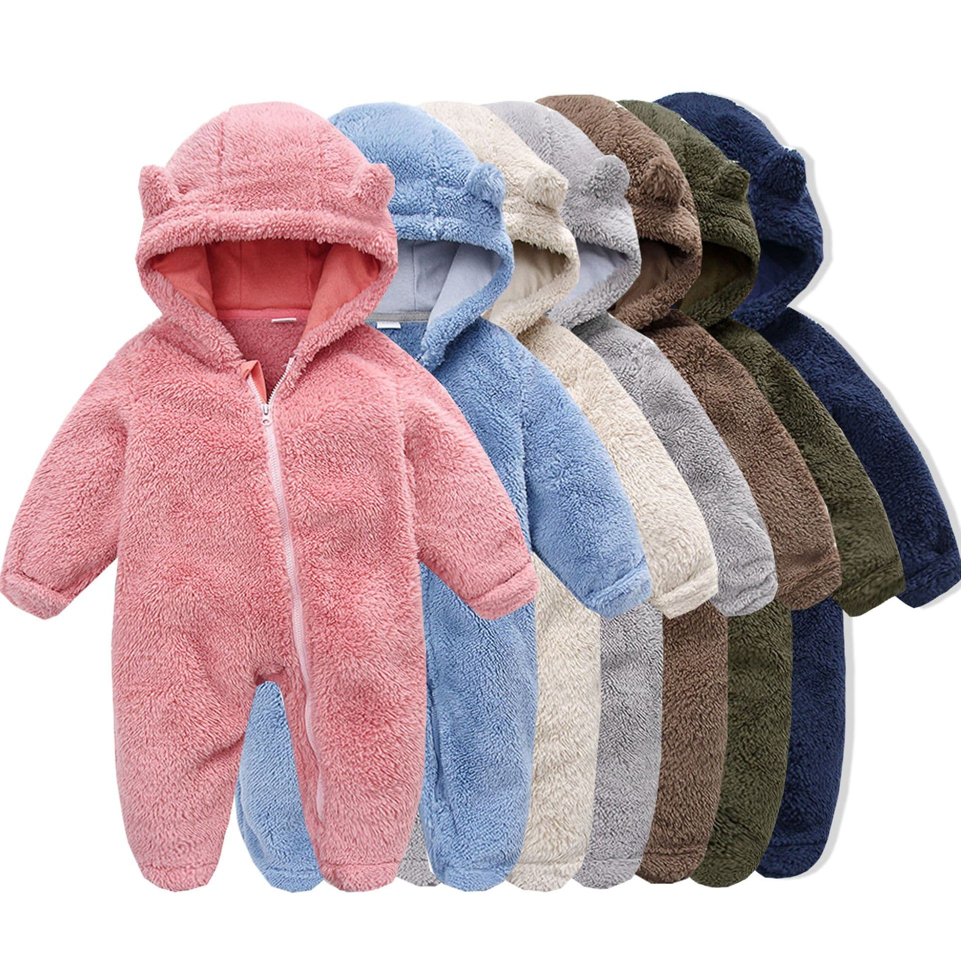 Soft Fleece Hooded Baby Jumpsuit With Mittens - Unisex Cartoon Style Infant Romper For Newborns - Cozy Zipper Closure, Long Sleeve, Neutral Colors