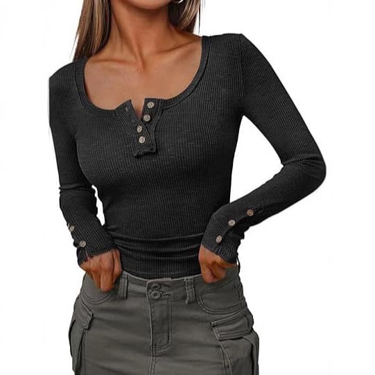 Classic Crewneck Button-Detail Knit Tee For Women & Men - Slim Fit Stretch Comfort Long Sleeve Top