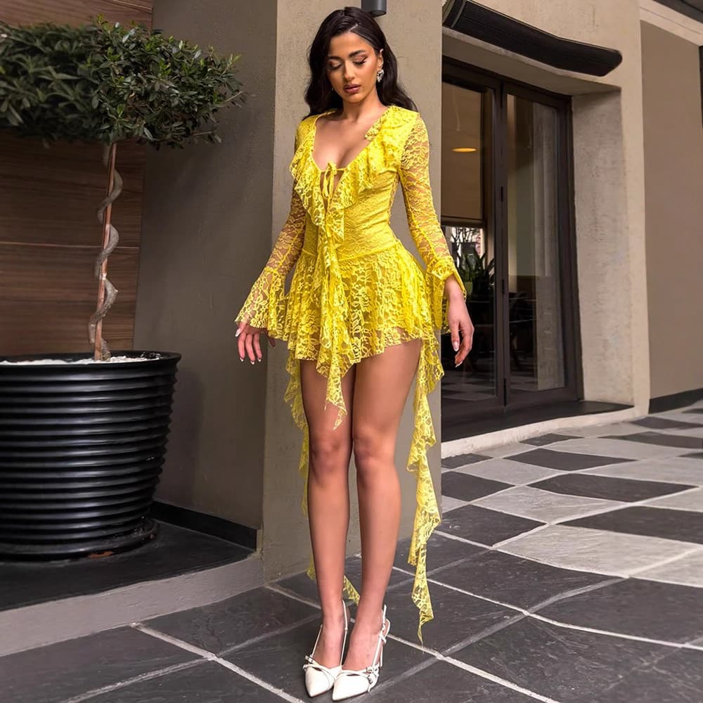 Cross-border Foreign Trade 2025 Autumn New Sexy Lace Ribbon Tie Long Bell Sleeve Women's European And American Dress