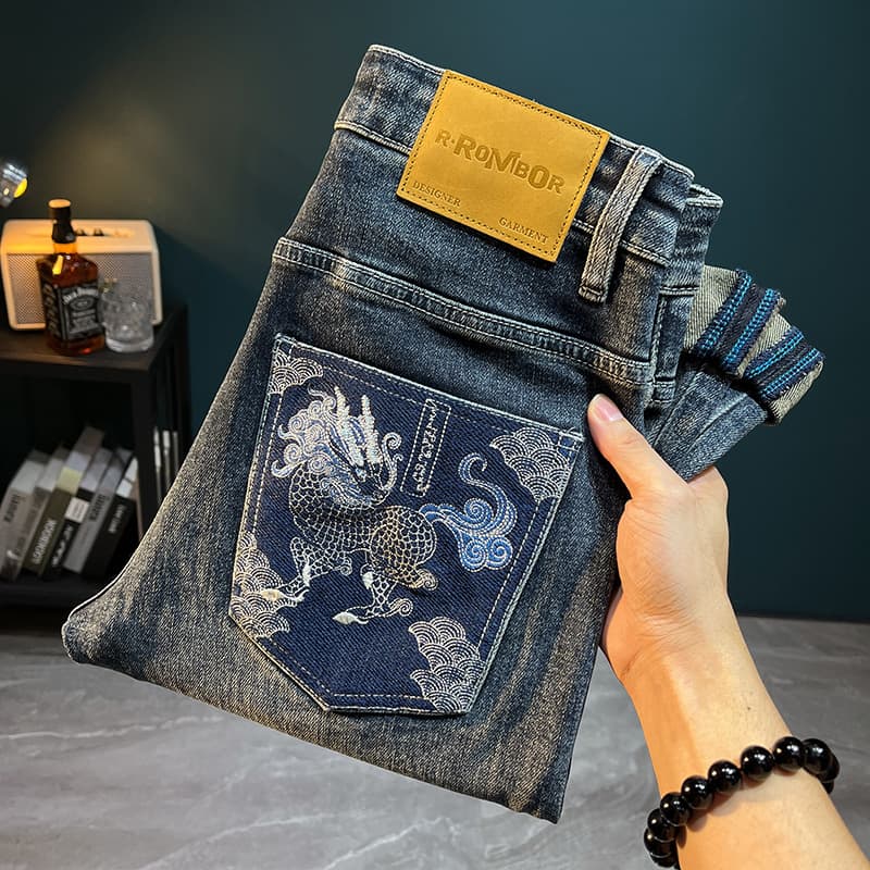 Men's Clothing Embroidery Printed Jeans Men's Autumn New Style Pants Thick Style Trendy Brand Elastic Slim High End Pants