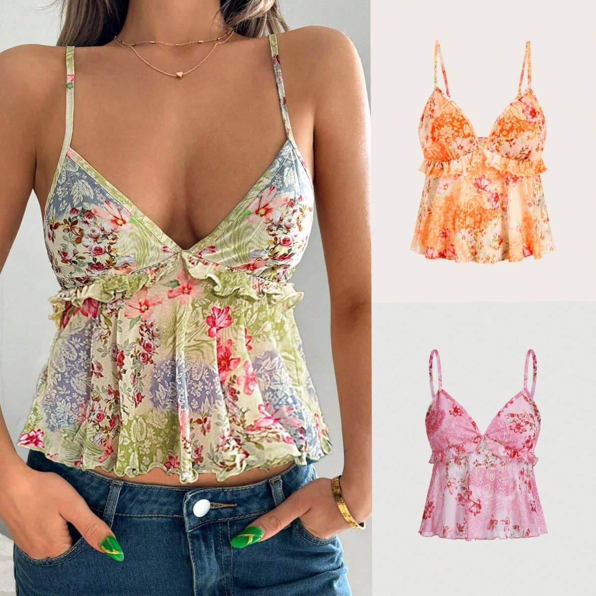 Women's Clothing New Sexy Holiday Style Printed Semi Transparent Ear Edge Sleeveless Suspender Top