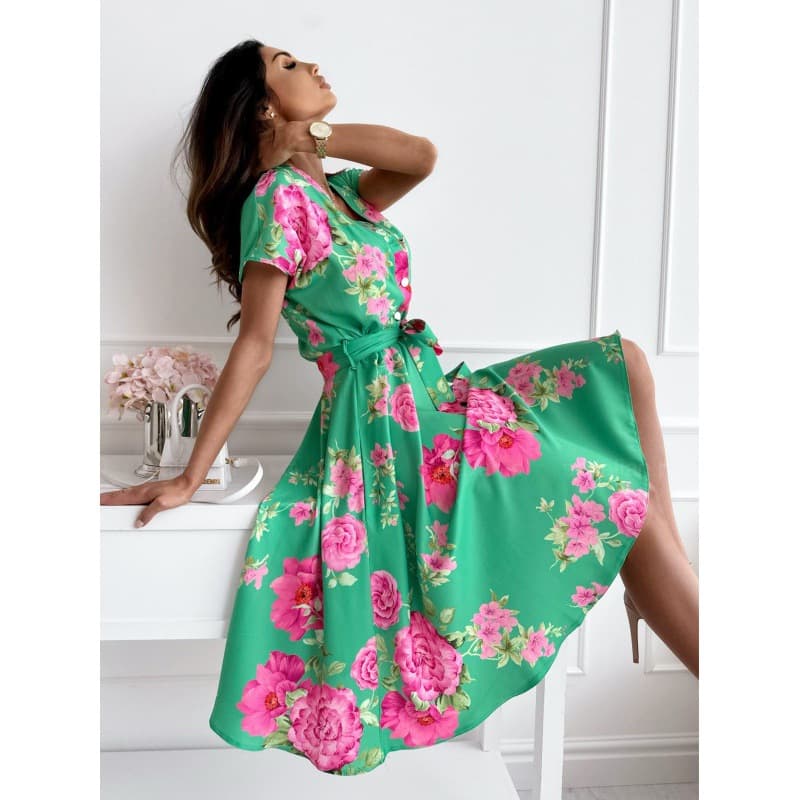 Women's fashion printed flowers V-neck short sleeve long skirt women