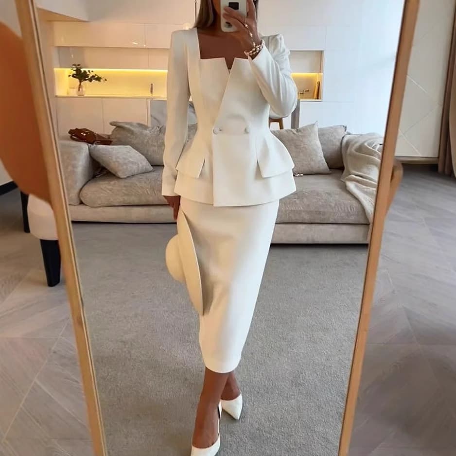 Women's Clothing Suit Autumn Square Collar Casual Solid Color Waist Two piece Suit