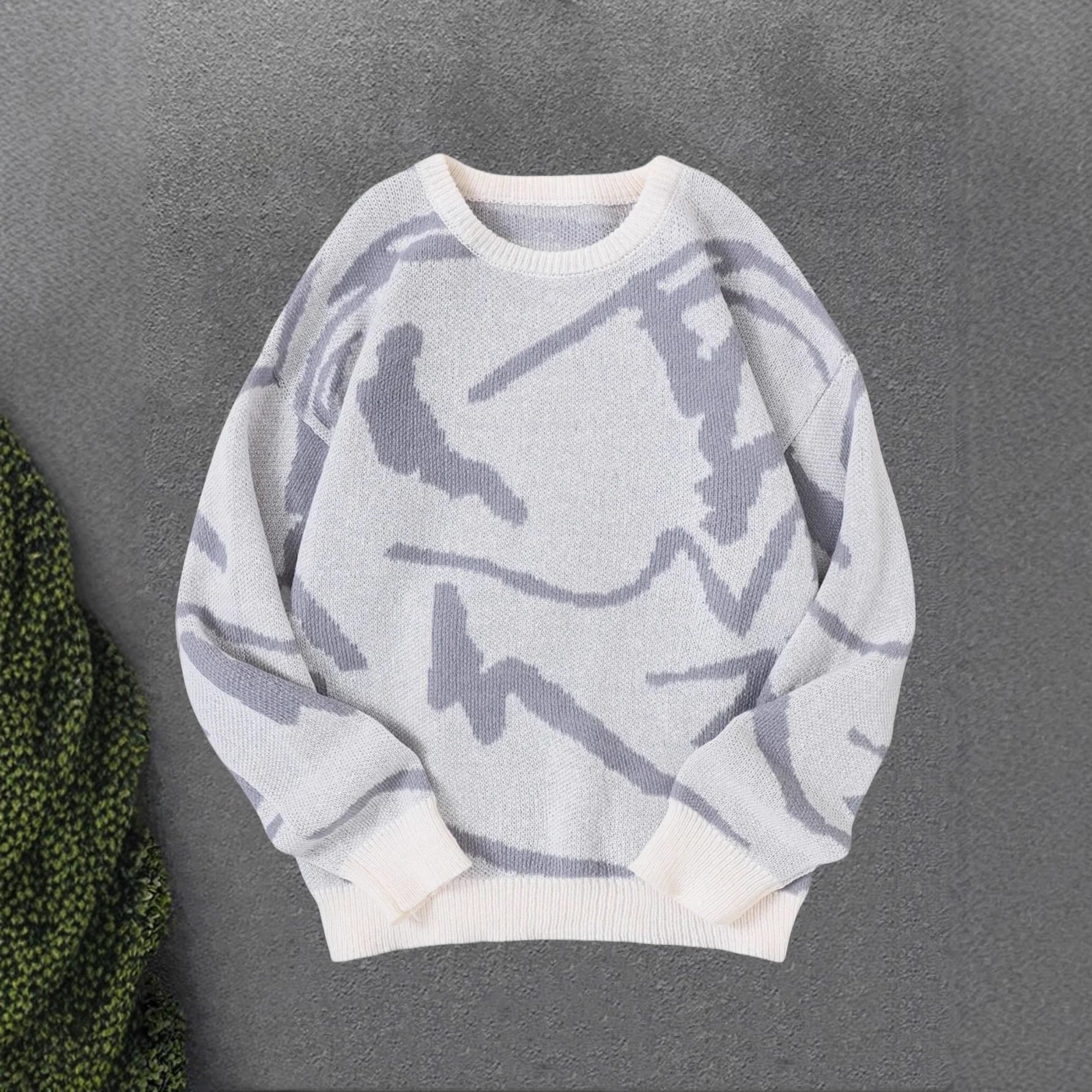 ​​Men's Oversized Hip-Hop Sweater – Warm Winter Pullover With Loose Fit (Light Gray/Black, Sizes S-XXL, Soft & Trendy Long Sleeve Knitwear)​​