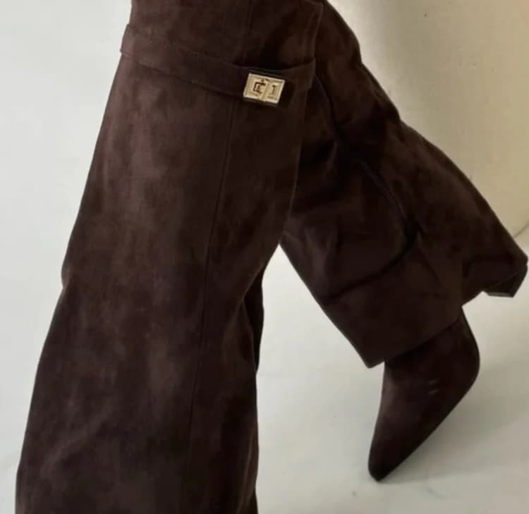 Bottes hautes à bout pointu pour femmes, avec boucles métalliques, talons épais, bottes d'hiver montantes jusqu'aux genoux en cuir PU, talons épa
