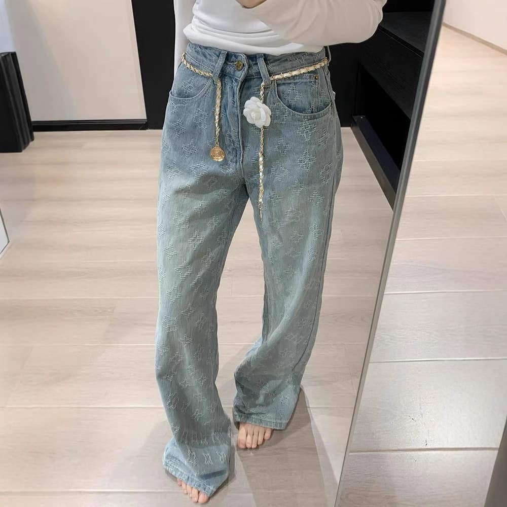 Women's Clothing Light Colored Jacquard Straight Jeans For Spring New High Waist Versatile Loose Wide Leg Pants