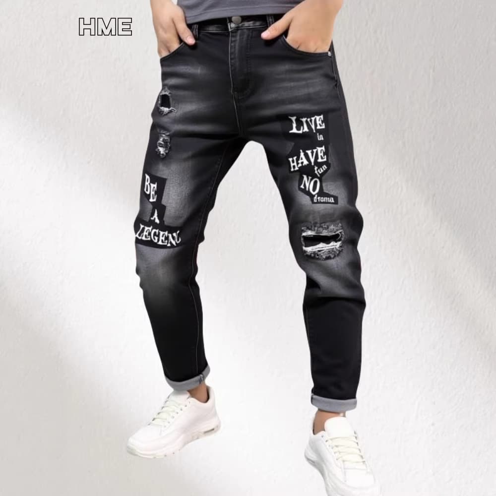 Men's Slim Fit Straight Leg Jeans Streetwear Brand Chrome Hearts Ripped Denim Trousers