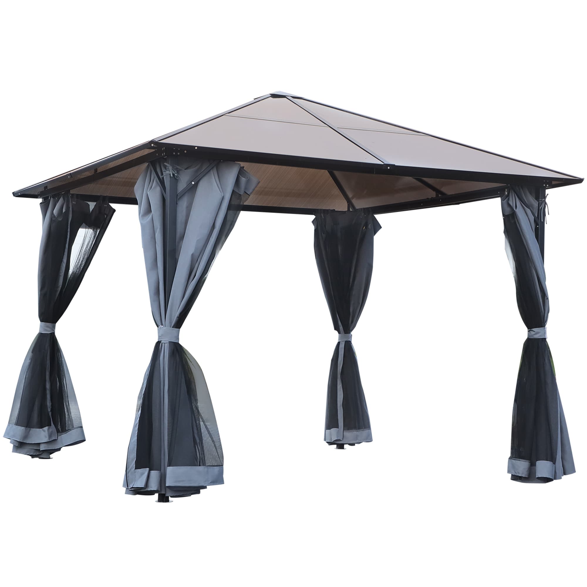 Outsunny Tonnelle de jardin avec toit rigide polycarbonate et rideaux moustiquaires 3 x 3 m gris foncé et noir